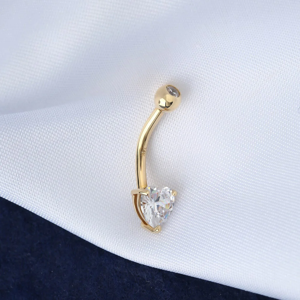 14K Gold Heart CZ Belly Ring - Image 3