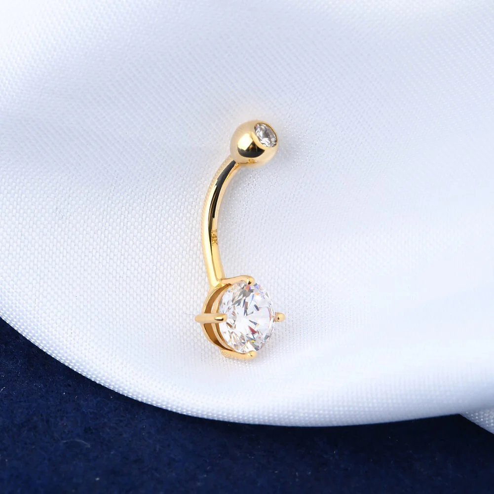 14K Gold Round CZ Belly Ring - Image 3