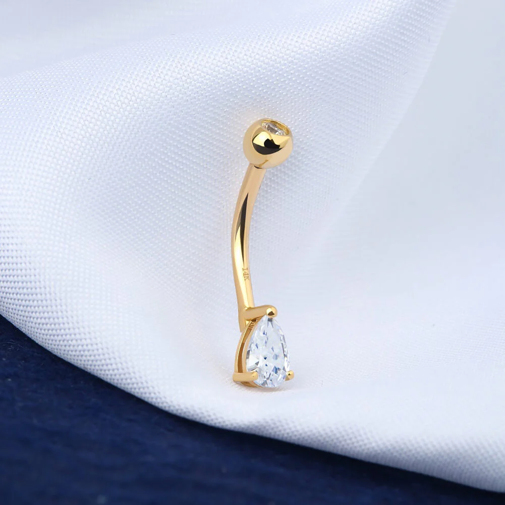 14K Gold Teardrop CZ Belly Ring - Image 3