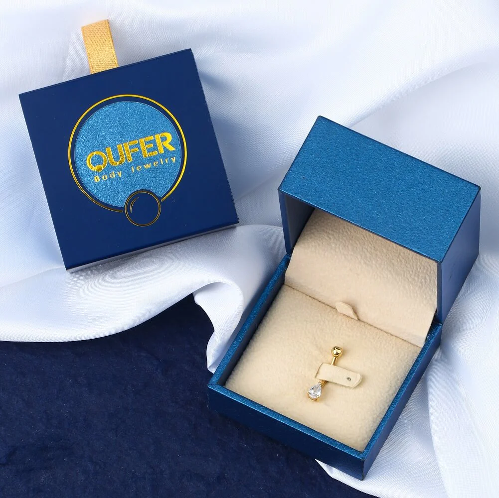 14K Gold Teardrop CZ Belly Ring - Image 4