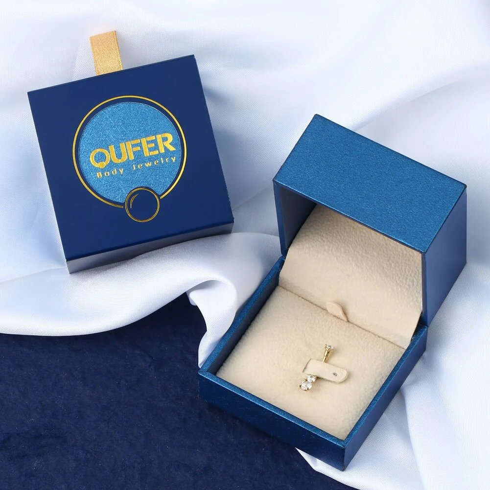 14K Gold Three Round CZ Belly Ring - Image 3