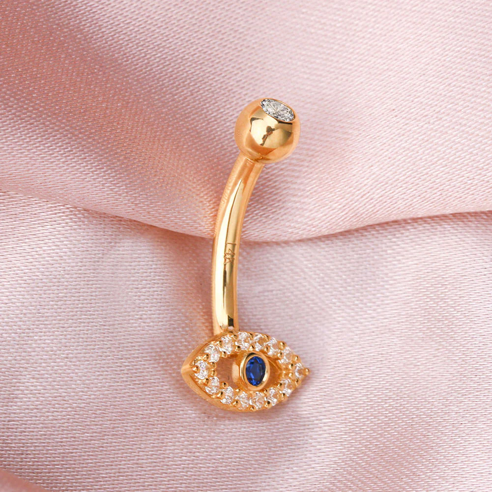 14K Gold Blue CZ Evil Eye Belly Ring - Image 3