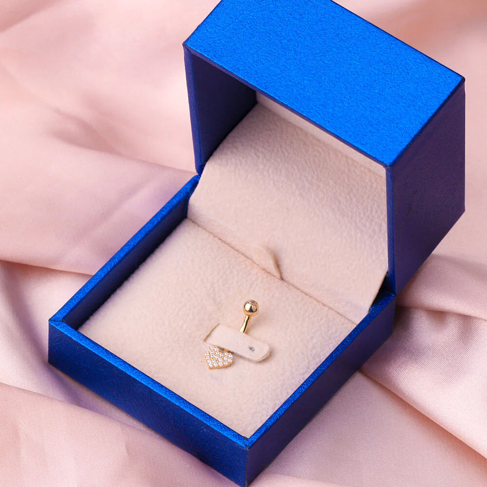 14K Gold Clear Heart CZ Belly Ring - Image 4