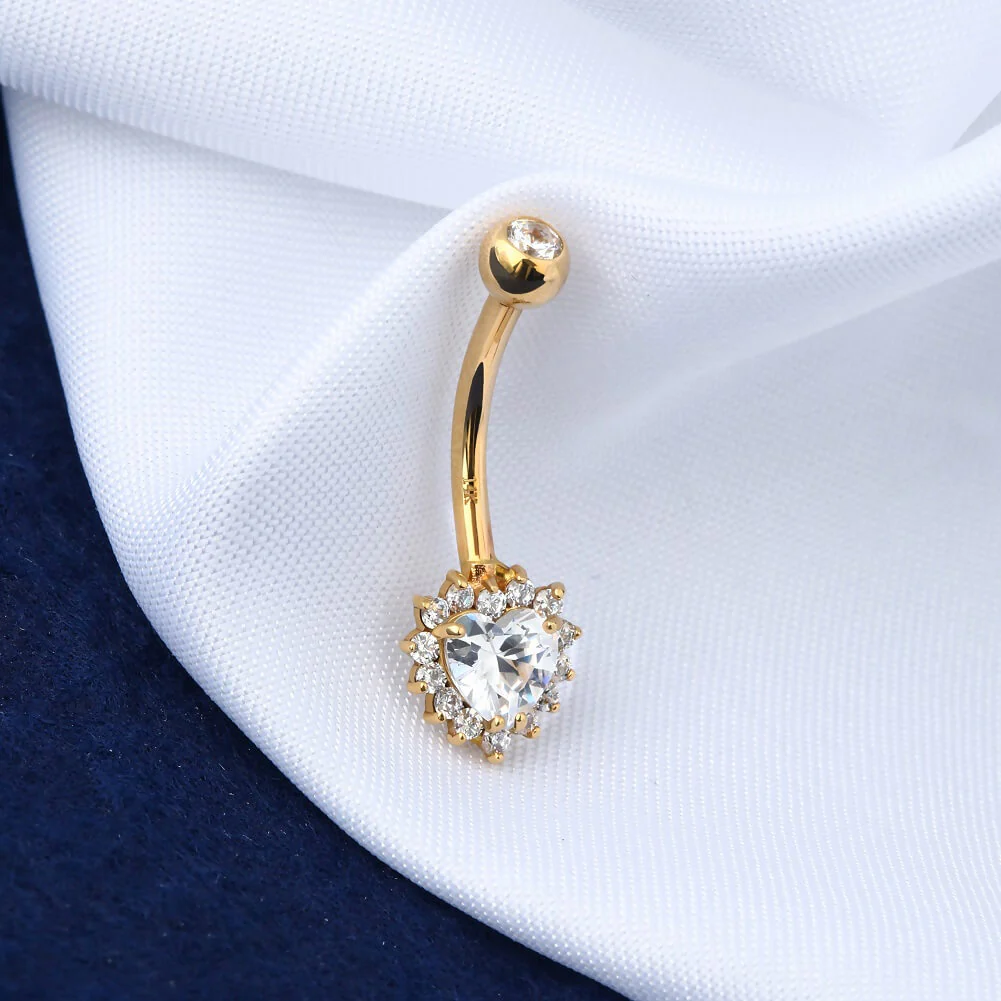 14K Gold CZ Heart Belly Ring - Image 3