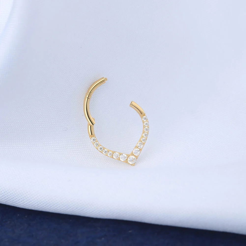 14K Gold CZ V-Shape Segment Septum Ring - Image 3