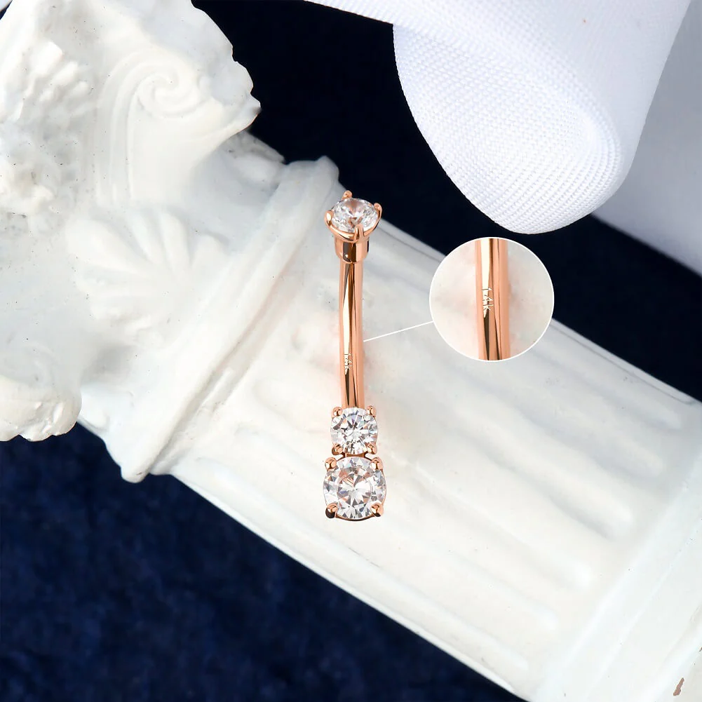 14K Rose Gold Three Round CZ Belly Ring - Image 3
