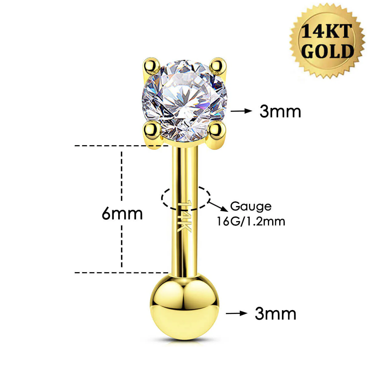 14K Gold Clear CZ Eyebrow & Rook Earring - Image 4