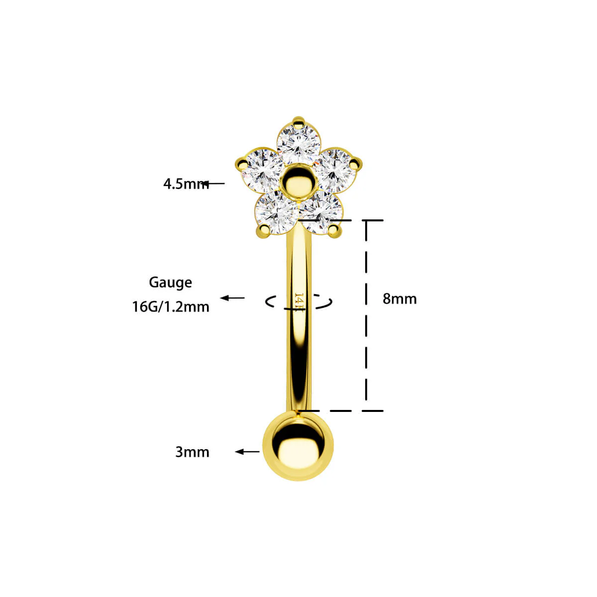 14K Gold Clear CZ Flower Rook Earring - Image 3