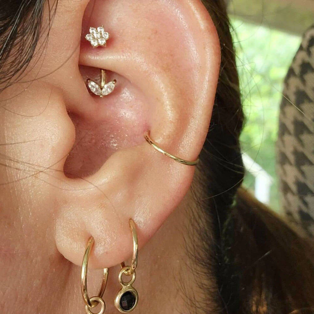 14K Gold CZ Flower Leave Rook Earring - Image 3