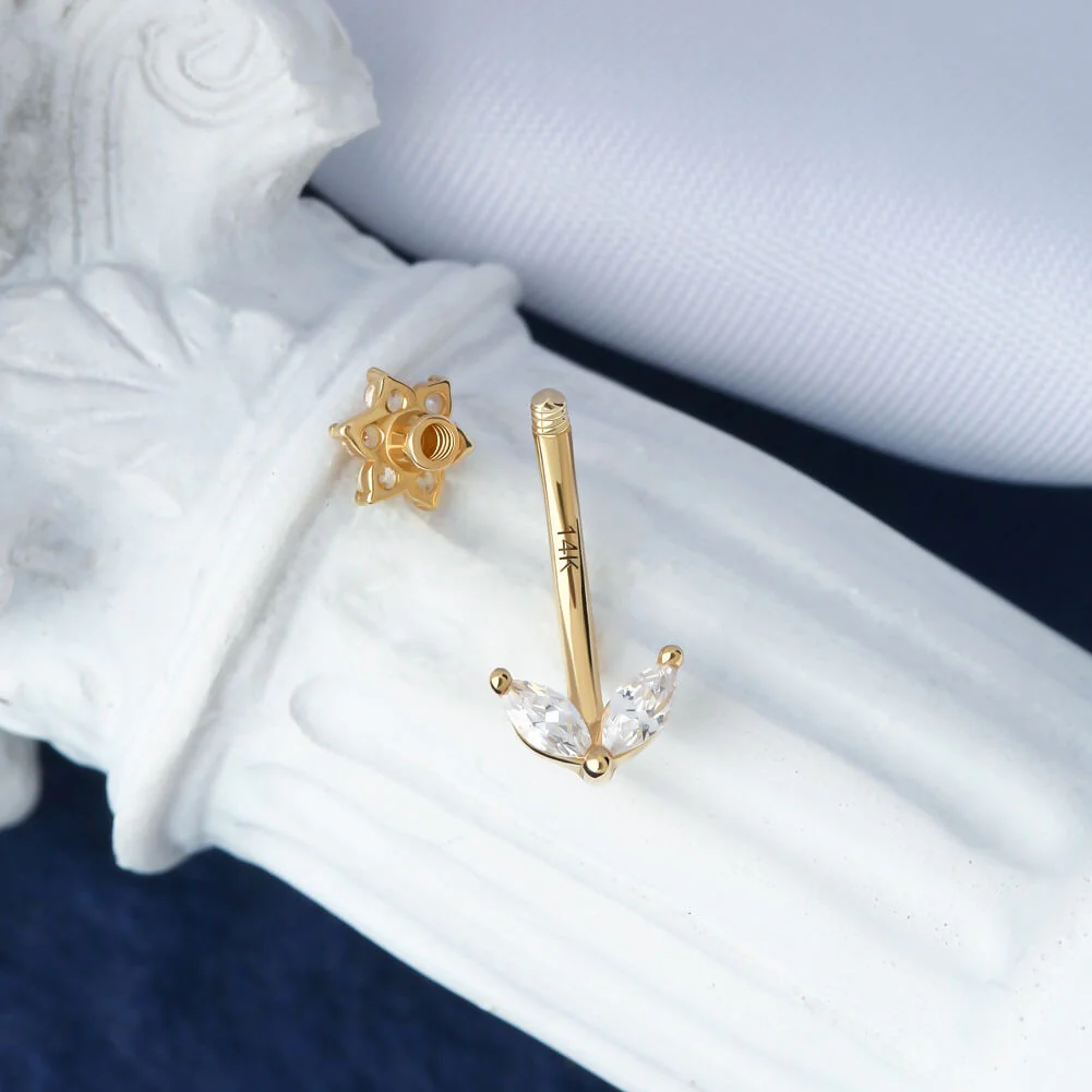 14K Gold CZ Flower Leave Rook Earring - Image 4