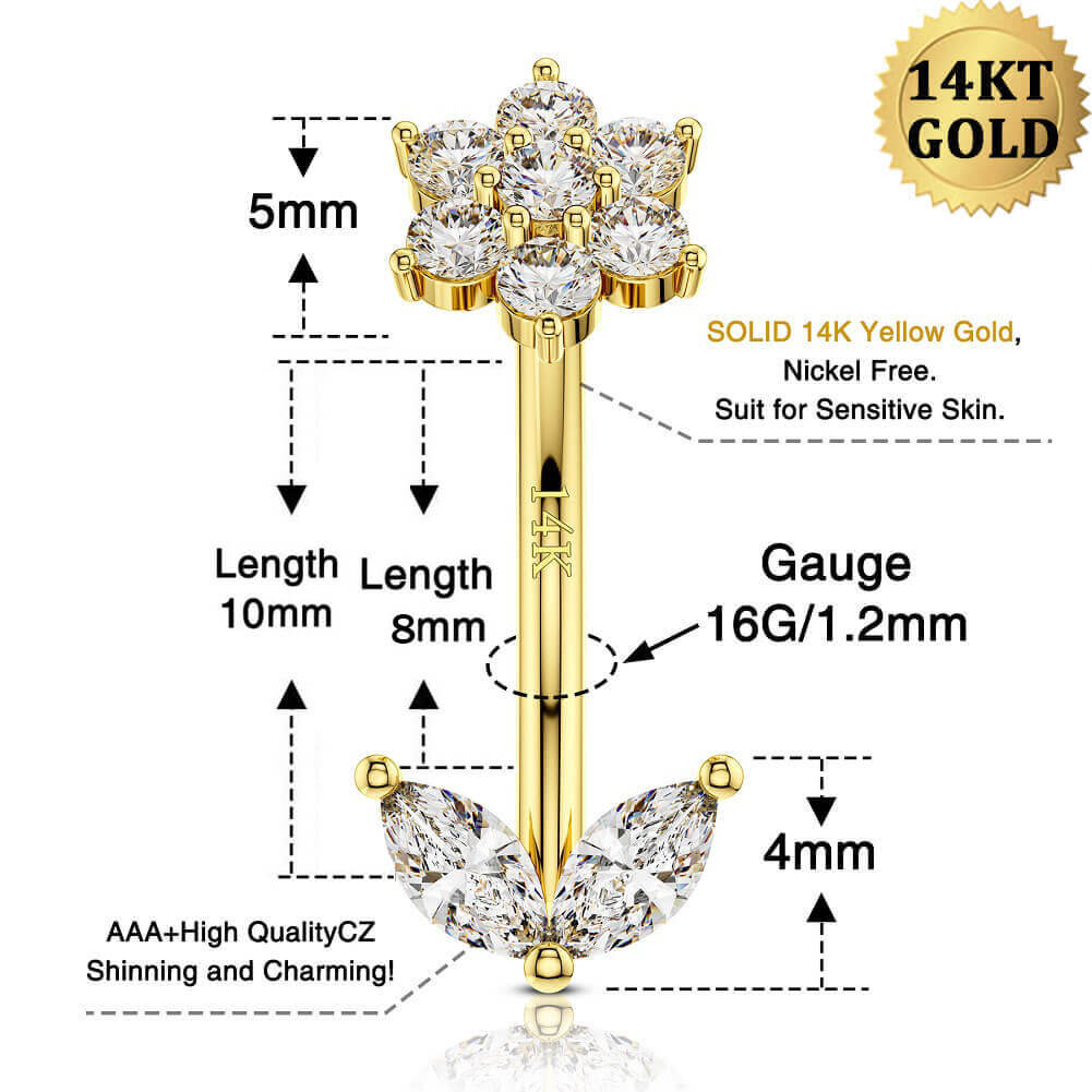 14K Gold CZ Flower Leave Rook Earring - Image 7