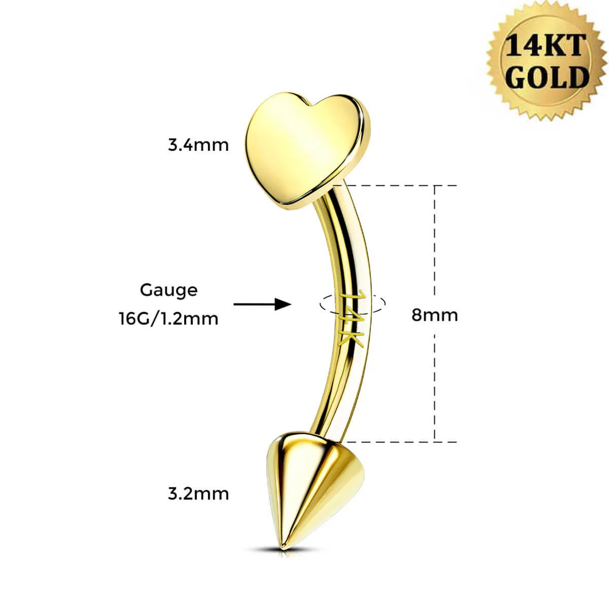 14K Gold Flat Heart Eyebrow Rook Ring - Image 5