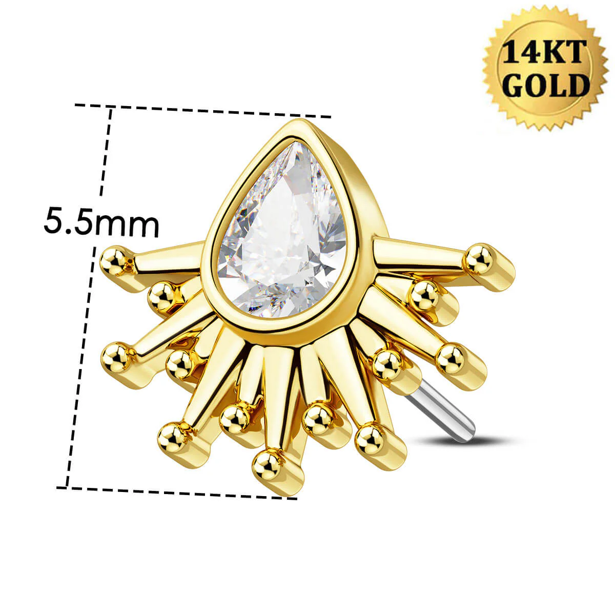14K Gold Marquise CZ Sunburst Threadless Nose Stud - Image 4