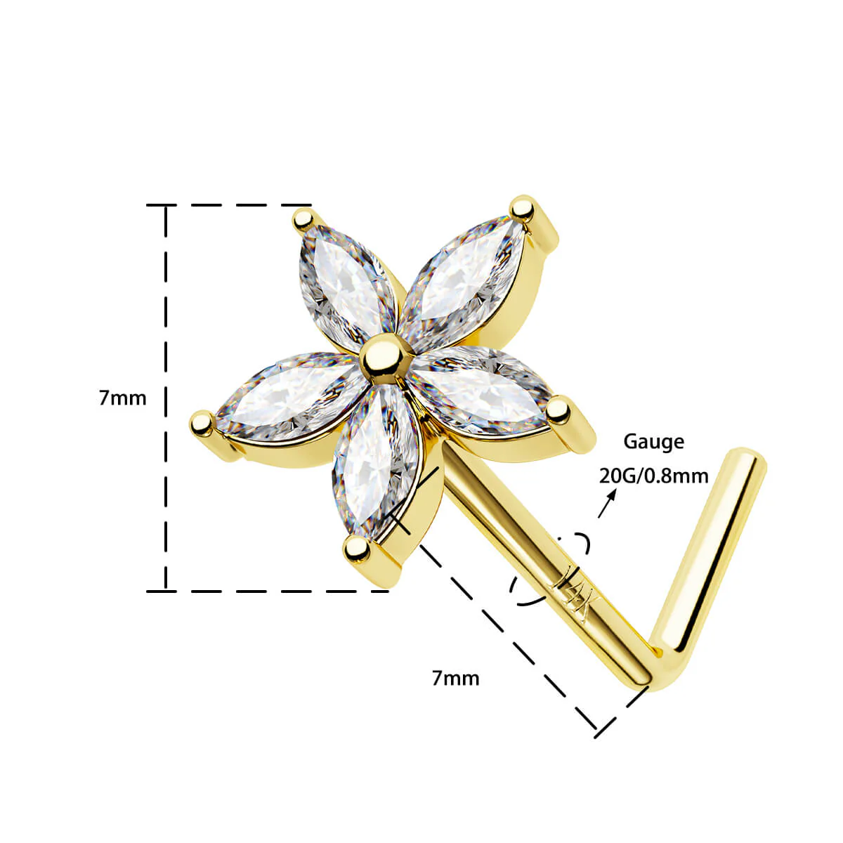 14K Gold Flower L-Shaped Nose Stud - Image 3