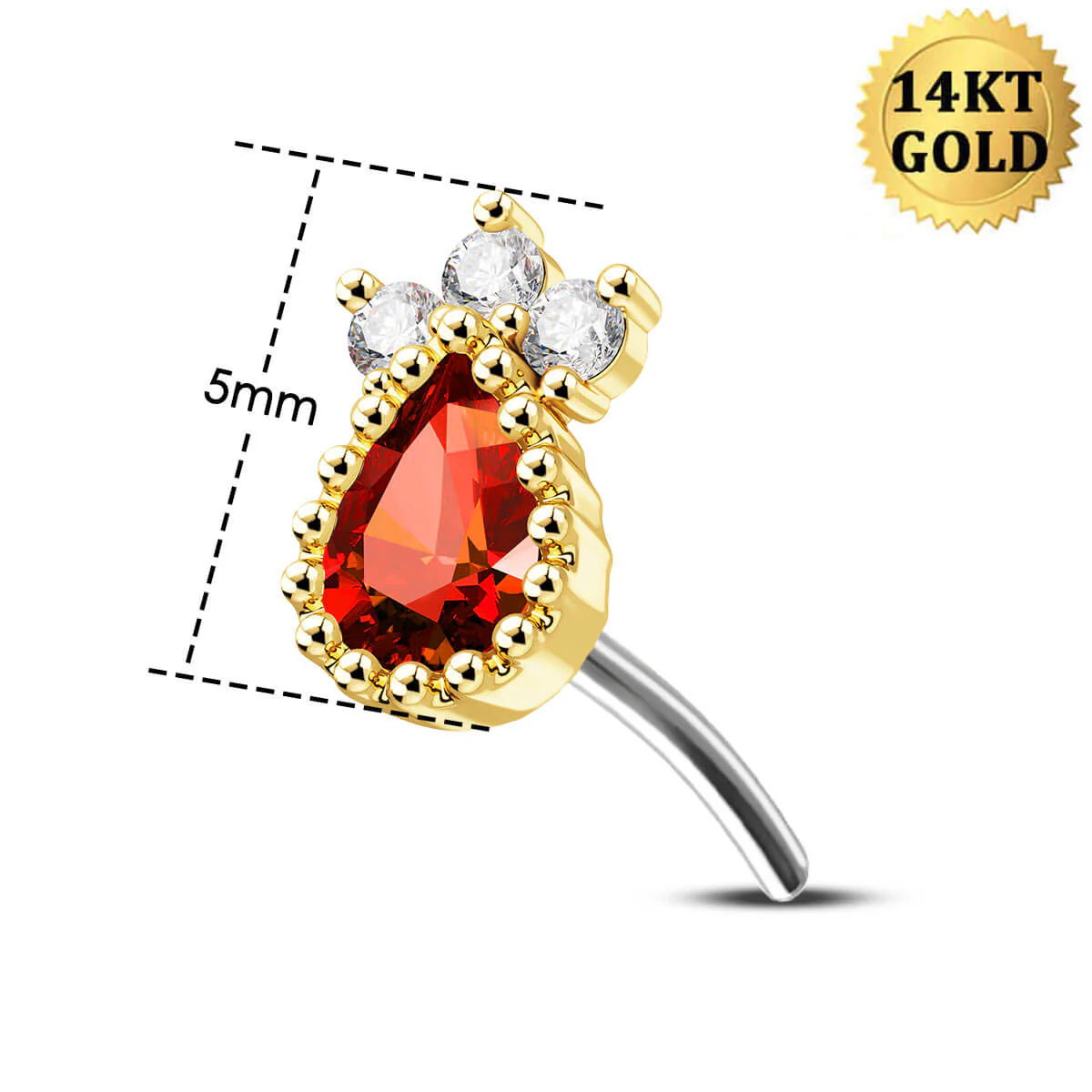 14K Gold Red Marquise CZ Threadless Nose Stud - Image 4