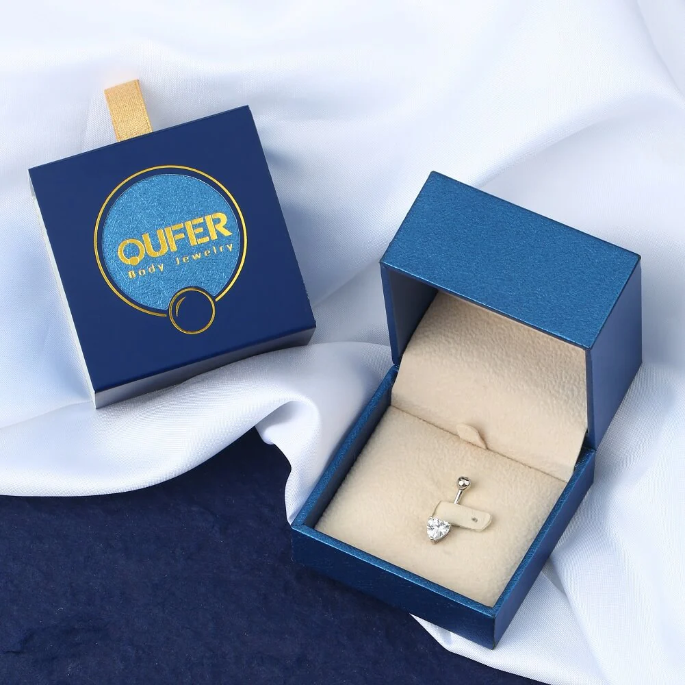 14KT White Gold Heart CZ Belly Rings - Image 4