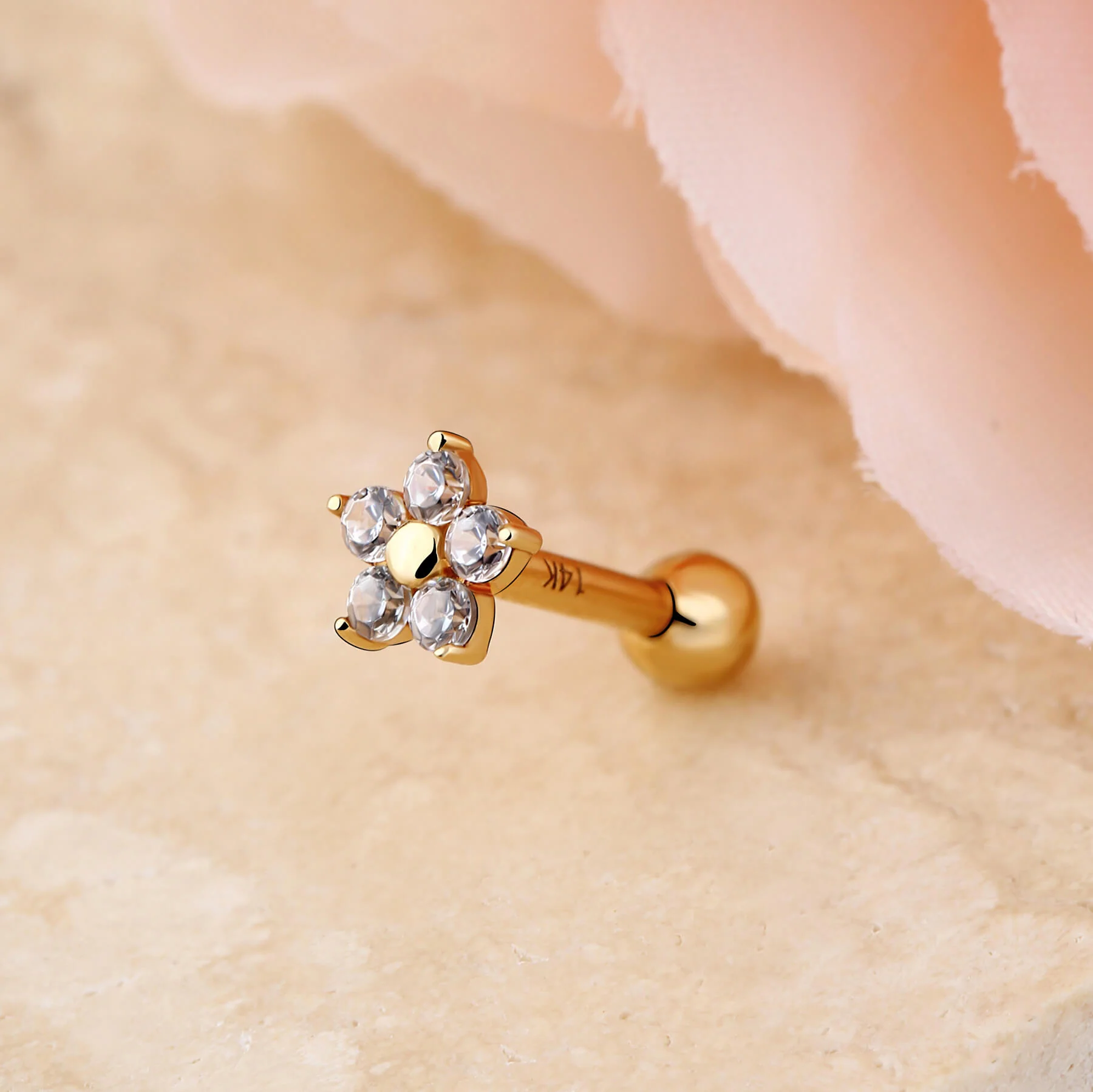 14K Gold CZ Flower Cartilage Earring - Image 3