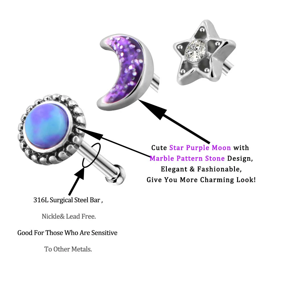 3PCS Moon Star Nostril Stud Pin Set - Image 5