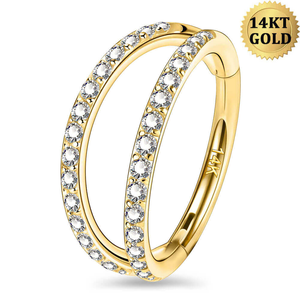 18G 14K Gold Double Row CZ Segment Nose Hoop - Image 4
