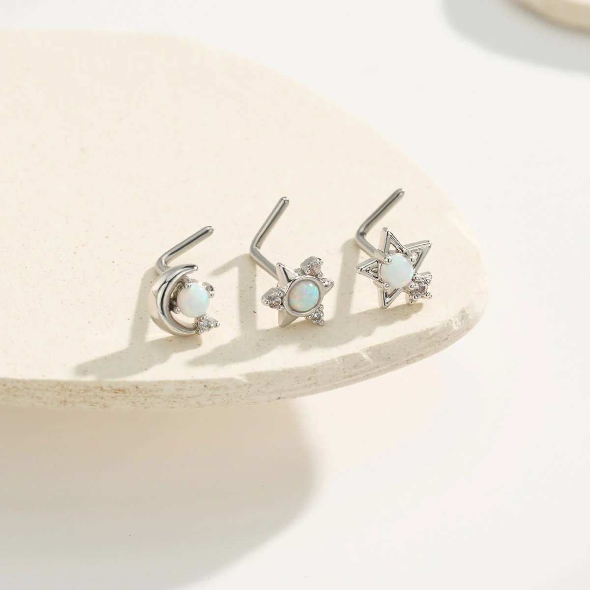 3PCS Lab-Grown Opal Star & Moon Nose Stud Set - Image 5