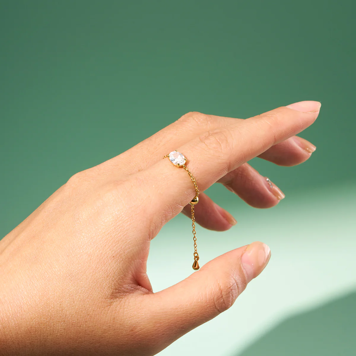 Oval/Rectangle/Heart CZ Adjustable Chain Ring - Image 3