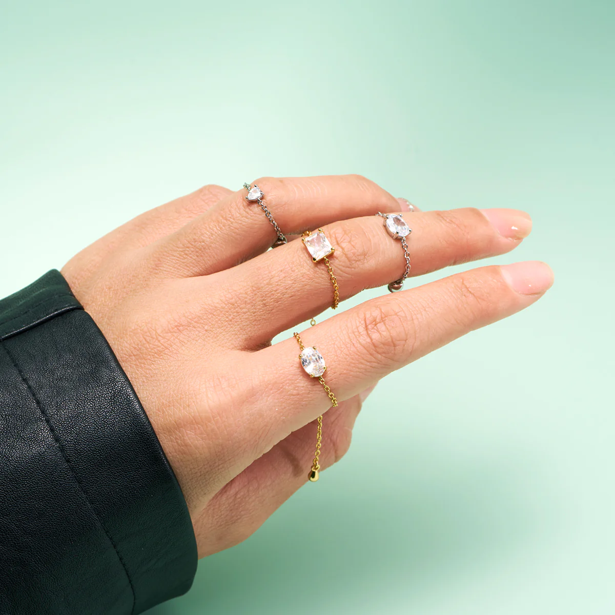 Oval/Rectangle/Heart CZ Adjustable Chain Ring - Image 4