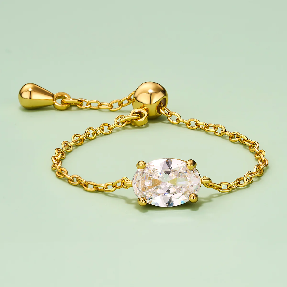 Oval/Rectangle/Heart CZ Adjustable Chain Ring - Image 5